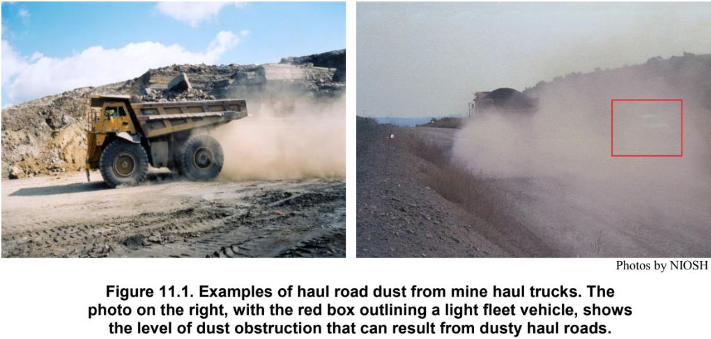 Examples of haul road dust from mine haul trucks. The photo on the right, with the red box outlining a light fleet vehicle, shows the level of dust obstruction that can result from dusty haul roads