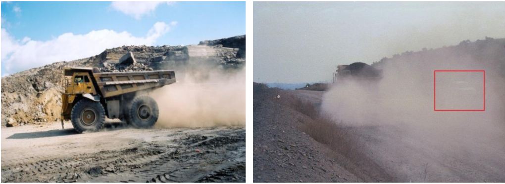 Figure 2. Exemples de poussière dans les chemins. A La photo de droite, avec l'encadré rouge délimitant un véhicule de mines légères, montre que le niveau de colmatage qui peut résulter de routes poussiéreuses.